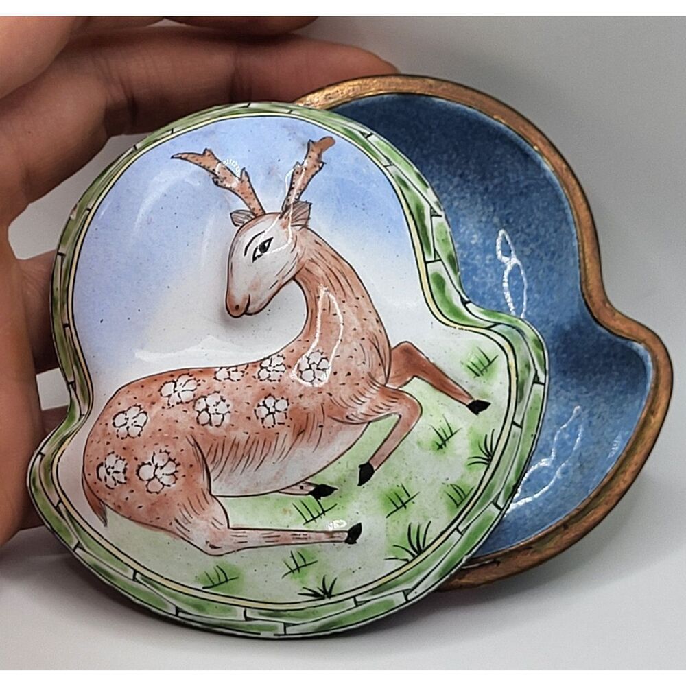Hand Painted Deer Trinket Enamel Box Jewelry Dish 3.5in